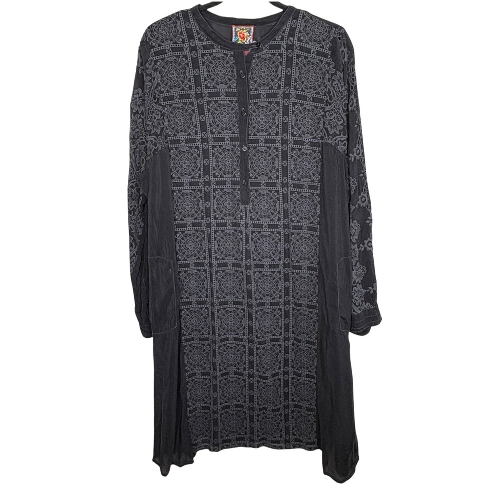 Johnny Was Boho Embroidered Tunic Dress L Cottage Floral Sheer Oversized Midi